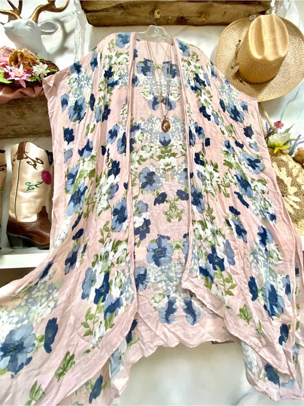 Blush gauzy floral boho summer Cape/cover up w resort vacay beach vibe